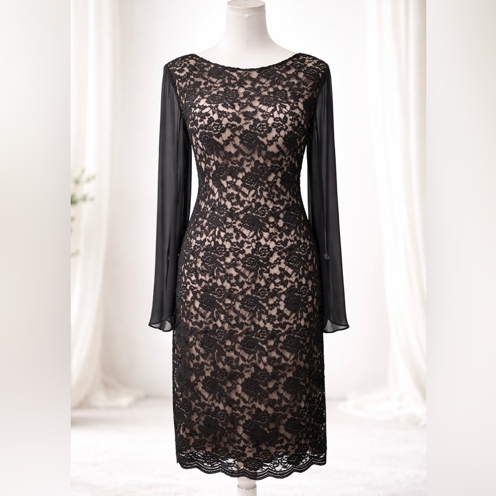 Connected Apparel Black Lace Dress Sheer Sleeve Cocktail Dress | Elegant Evening